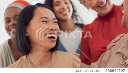 Staff, laughing closeup and business women in office happy and excited for startup company. Creative, diversity and female team with coworking for collaboration, teamwork and funny joke together 130694597