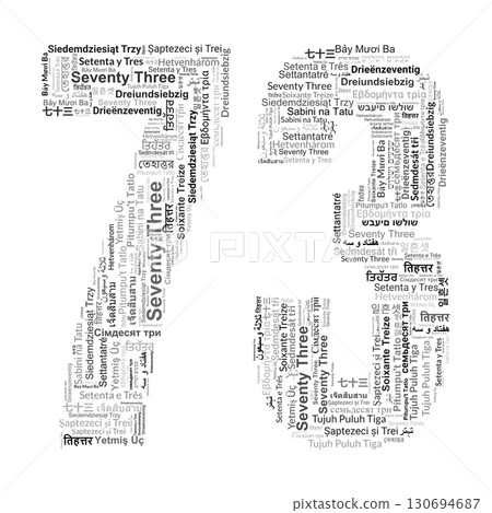 Number 73 Formed by the Word "Seventy Three" in Multiple Languages 130694687