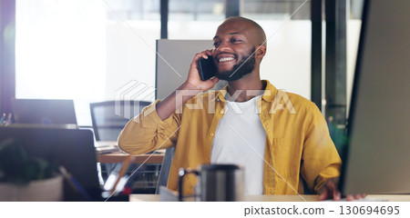Phone call, smile and young black man in the office talking for consultation with b2b partner. Happy, startup and African male business entrepreneur on mobile conversation with cellphone in workplace Phone call, smile and young black man in the office talking for consultation with b2b partner. Happy, startup and African male business entrepreneur on mobile conversation with cellphone in workplace 130694695