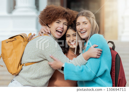 University student, women and group hug by stairs at outdoor campus for smile, learning opportunity or diversity. College adventure, education and friends for support, solidarity and happy for vision University student, women and group hug by stairs at outdoor campus for smile, learning opportunity or diversity. College adventure, education and friends for support, solidarity and happy for vision 130694711