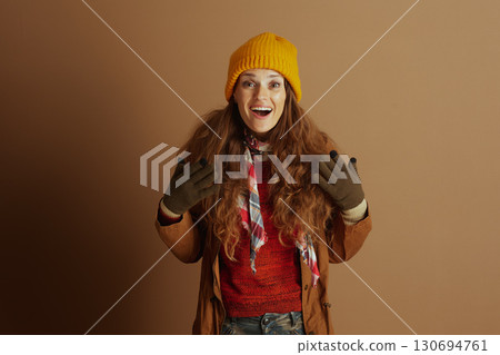 Excited Woman Gesturing in Warm Autumn Wear 130694761