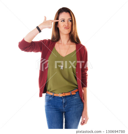 Stress, woman and gun gesture with hand, suicide and mental health isolated on white background. Anxiety, burnout and depression, sad lady in crisis pretending to shoot herself with sadness in studio 130694780