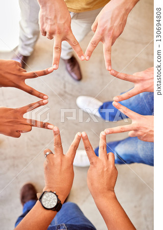 Shape, above and hands of business people in a star for team building, peace and support. Motivation, together and hands of employees with a sign for collaboration, friends and group solidarity Shape, above and hands of business people in a star for team building, peace and support. Motivation, together and hands of employees with a sign for collaboration, friends and group solidarity 130694808