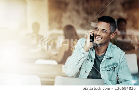 Creative man, phone and smile for communication, networking or conversation at coffee shop. Happy male freelancer smiling for call, discussion or startup with smartphone by laptop at cafe restaurant 130694826