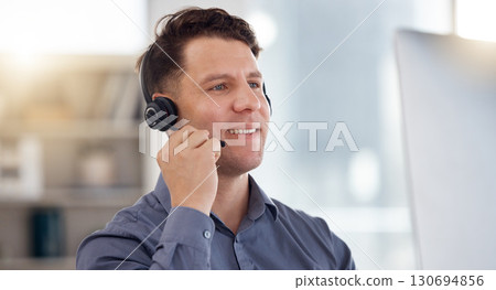 Business man, call center and computer with headset mic for consulting in telemarketing, customer service or support. Happy male consultant or agent smiling in contact us for online help or advice 130694856