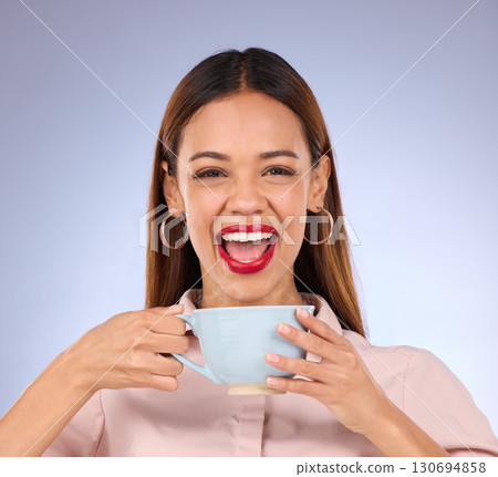 Happy, smile and coffee with portrait of woman for relax, lunch break and peace. Cappuccino, latte and caffeine beverage with girl and cup for cafe, restaurant and inspiration in studio background 130694858