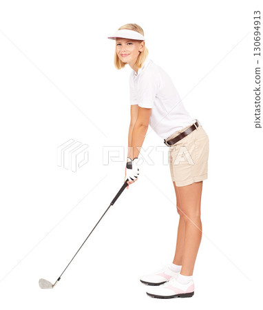 Blond woman, golf and standing with stick in pose ready for match, game or play against a white studio background. Isolated female model in sportwear for golfing with golf club on white background 130694913
