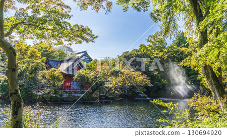 Scenery of Inokashira Park and Inokashira Pond: Benzaiten surrounded by trees [Tokyo, Musashino City - Mitaka City] 130694920