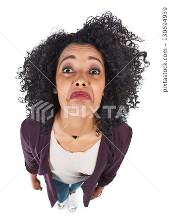 Sad, face and woman overhead disappointed and feeling unhappy isolated against a studio white background. Portrait, top view and frustrated young person is moody, annoyed or in fear due to fail Sad, face and woman overhead disappointed and feeling unhappy isolated against a studio white background. Portrait, top view and frustrated young person is moody, annoyed or in fear due to fail 130694939