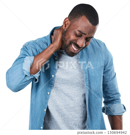 Ouch. Burnout, stress and neck pain by a man feeling hurt isolated against a studio white background. Frustrated, male with an injury and inflammation due to pressure and wellness crisis or problem. 130694942
