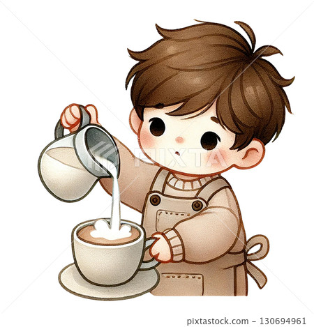 A cute child pouring milk into a cup of hot chocolate. 130694961