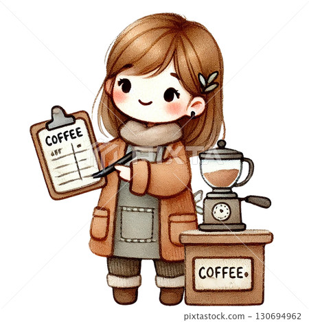 A cute coffee shop illustration featuring a cheerful barista. 130694962