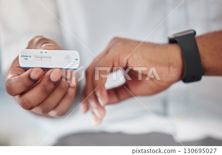 Covid, rapid test and hands of person with watch for time check with healthcare assessment in pandemic. Corona pcr and result of black man with medical exam kit at hospital or virus clinic zoom. Covid, rapid test and hands of person with watch for time check with healthcare assessment in pandemic. Corona pcr and result of black man with medical exam kit at hospital or virus clinic zoom. 130695027