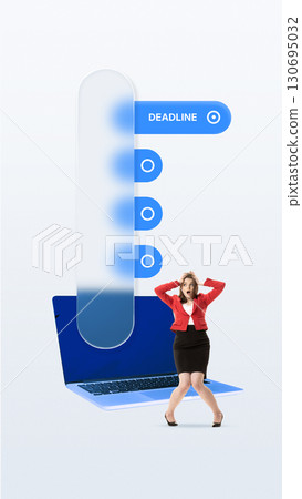 Shocked businesswoman standing under digital deadline reminder in surreal composition Shocked businesswoman standing under digital deadline reminder in surreal composition 130695032