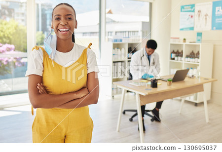 Covid, portrait or black woman mask off for vaccine with smile in hospital or clinic office. Health, safety or freedom with girl excited to stop or complete corona compliance or epidemic regulations 130695037