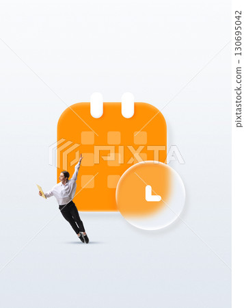 Minimalist collage. Happy woman jumping with folder near digital calendar and clock icons 130695042