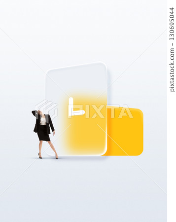 Bold colorful poster. Businesswoman leaning on oversized digital clock icon in surreal design Bold colorful poster. Businesswoman leaning on oversized digital clock icon in surreal design 130695044