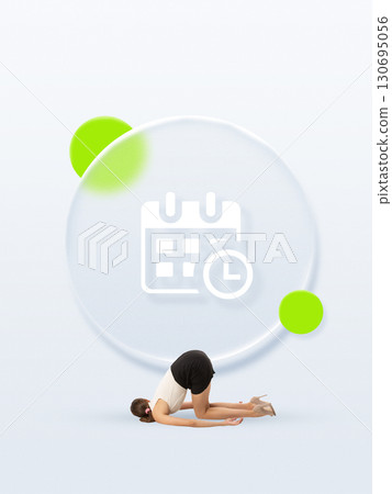 Contemporary collage. Woman bent under giant digital calendar icon in surreal office concept Contemporary collage. Woman bent under giant digital calendar icon in surreal office concept 130695056
