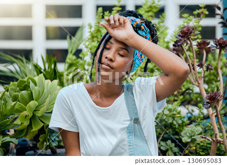 Tired, gardener or black woman with fatigue, burnout or stress after cleaning dirty plants or flowers. Gardening, sweating or exhausted girl resting after working on environmental maintenance job Tired, gardener or black woman with fatigue, burnout or stress after cleaning dirty plants or flowers. Gardening, sweating or exhausted girl resting after working on environmental maintenance job 130695083
