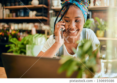 Phone call, small business or happy black woman talking or networking with startup agro retail supplier. Laptop, 5g mobile or female entrepreneur planning or speaking of floral development job vision Phone call, small business or happy black woman talking or networking with startup agro retail supplier. Laptop, 5g mobile or female entrepreneur planning or speaking of floral development job vision 130695086