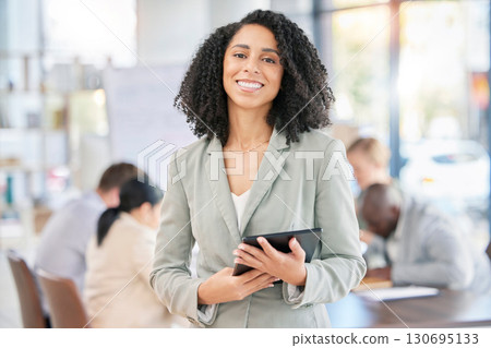Black woman, tablet and smile in leadership for meeting, planning or digital marketing team at office. Portrait of happy African American leader smiling with touchscreen for strategy in management Black woman, tablet and smile in leadership for meeting, planning or digital marketing team at office. Portrait of happy African American leader smiling with touchscreen for strategy in management 130695133