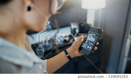 Smart home technology, app and woman with phone dashboard for air conditioning, safety security network or house automation. AI system hud, digital ui screen and girl programming IOT mobile software 130695203