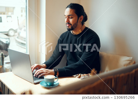 Thinking startup cafe or man on laptop for social media KPI, networking or blog content review. Remote work, email or coffee shop employee with tech for network strategy, SEO research or internet app 130695266