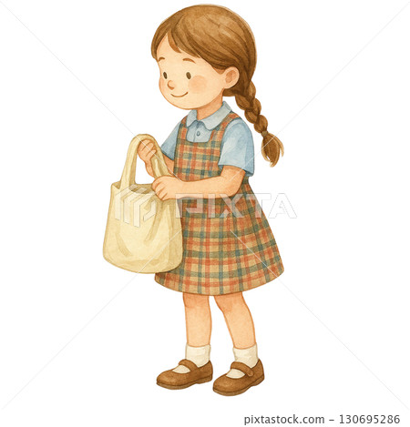 A cheerful girl with a bag, ready for an adventure. 130695286