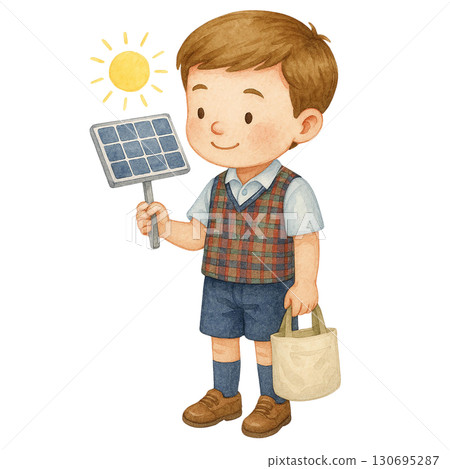 A child holds a solar panel, symbolizing renewable energy. 130695287