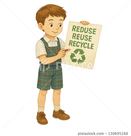 A child promotes recycling with a sign: Reduce, Reuse, Recycle. A child promotes recycling with a sign: Reduce, Reuse, Recycle. 130695288