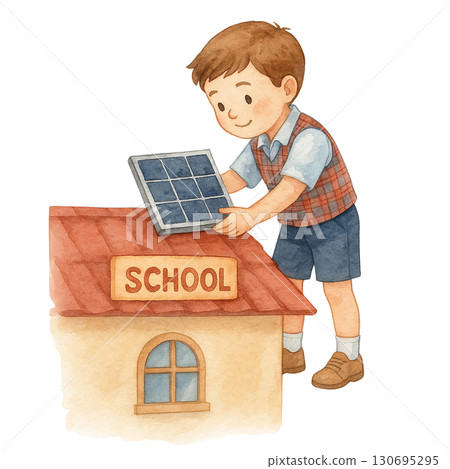 A young boy installs a solar panel on a school rooftop. 130695295