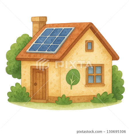 Eco-friendly house with solar panels surrounded by greenery. 130695306