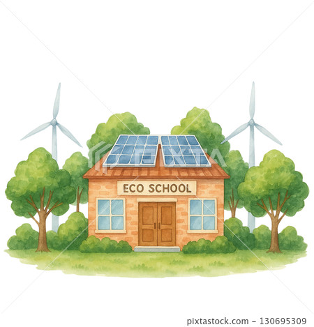 Eco-friendly school with solar panels and wind turbines, nature. Eco-friendly school with solar panels and wind turbines, nature. 130695309