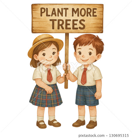 Two children holding a sign encouraging tree planting. Two children holding a sign encouraging tree planting. 130695315