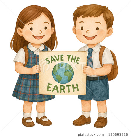 Two children promote environmental conservation with a sign. 130695316