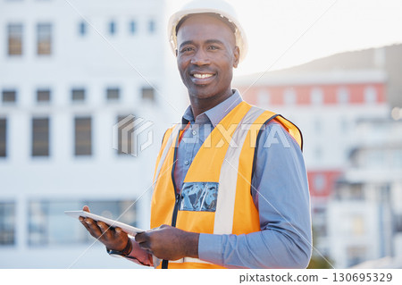 Engineering, tablet and portrait of black man in city for construction, building and architecture. Maintenance, inspection and technology with employee for contractor, digital and project management 130695329