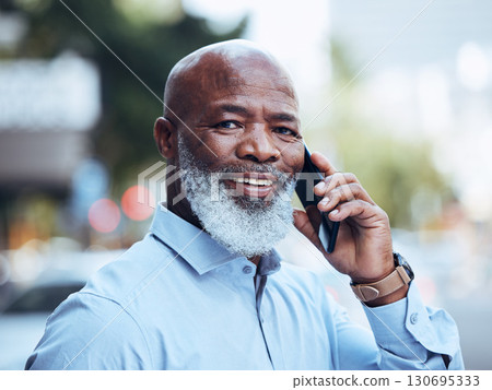 Business phone call, portrait and black man in city for conversation, mobile networking or hello. Happy mature manager, outdoor communication and talking on smartphone for contact, speaking and smile Business phone call, portrait and black man in city for conversation, mobile networking or hello. Happy mature manager, outdoor communication and talking on smartphone for contact, speaking and smile 130695333