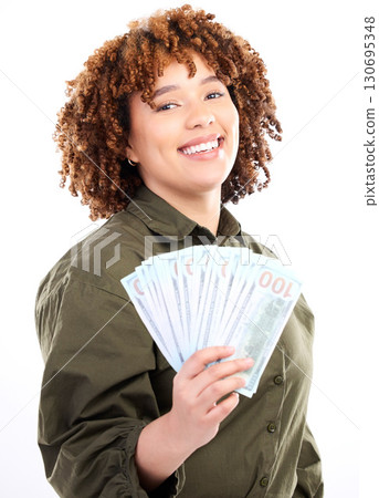 Happy, money and winner with portrait of black woman for investment, success or growth. Cash, dollar and wealth with girl customer isolated on white background for financial, deal or promotion Happy, money and winner with portrait of black woman for investment, success or growth. Cash, dollar and wealth with girl customer isolated on white background for financial, deal or promotion 130695348