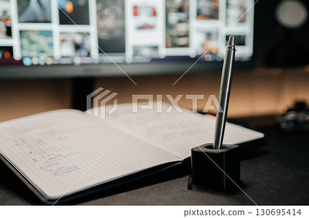 Metal pen in holder on desk with open notebook and blurred computer screen in background. Minimal modern workspace concept. Metal pen in holder on desk with open notebook and blurred computer screen in background. Minimal modern workspace concept. 130695414