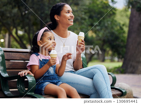 Summer, park and ice cream with a woman and girl bonding together while sitting on a bench outdoor in nature. Black family, children and garden with a mother and daughter enjoying a sweet snack 130695441