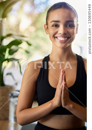 Yoga black woman, lotus portrait and smile with peace, mindfulness training and morning exercise in gym. Happy gen z girl, zen workout and happiness for development, goals and mindset for wellness Yoga black woman, lotus portrait and smile with peace, mindfulness training and morning exercise in gym. Happy gen z girl, zen workout and happiness for development, goals and mindset for wellness 130695449