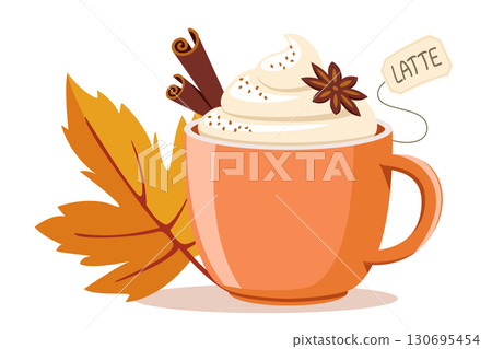Cup of coffee with cinnamon sticks, star anise and autumn leaf on a white background. Autumn drink 130695454