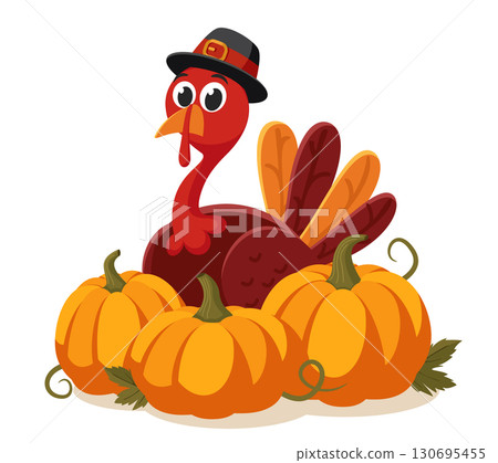 Turkey bird in hat sits behind pumpkins on a white background. Thanksgiving day Turkey bird in hat sits behind pumpkins on a white background. Thanksgiving day 130695455