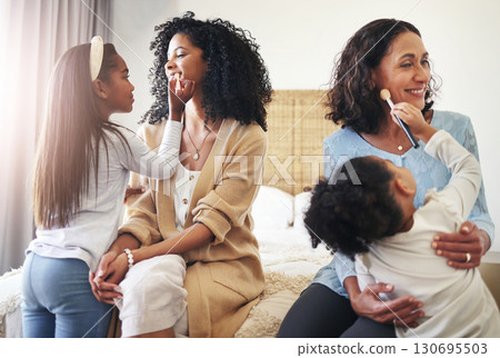 Family, grandmother and mom with girls, makeup and in bedroom with smile, playful and quality time. Love, mama and granny with female grandchildren, cosmetics and playing with brushes and happiness 130695503