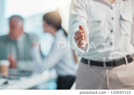 Business person, handshake and greeting for b2b, partnership or meeting in agreement at the office. Employee showing hand for shaking hands in welcome, deal or team collaboration at the workplace Business person, handshake and greeting for b2b, partnership or meeting in agreement at the office. Employee showing hand for shaking hands in welcome, deal or team collaboration at the workplace 130695510