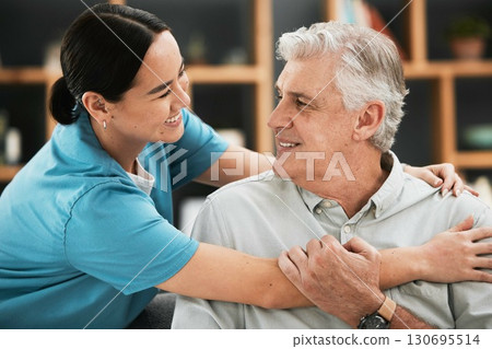 Hope, happy old man or nurse hug in hospital consulting about medical test news or results for support. Empathy, trust or doctor smiles in healthcare clinic nursing or helping sick elderly patient 130695514