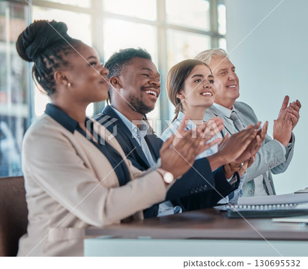 Business people, applause and meeting in celebration for good job, winning or thank you at office. Group of employee workers clapping hands together celebrating team support, motivation or success 130695532