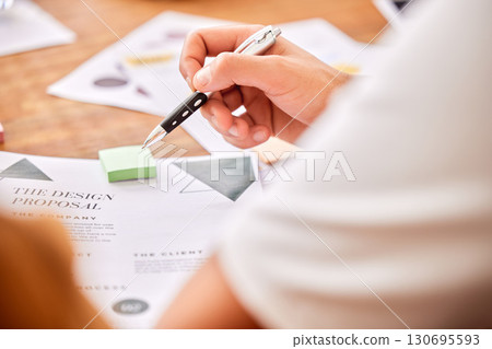 Planning, strategy and hands of an employee with a proposal for analysis, reading and information. Business, corporate and worker a design document for work ideas, inspiration and a plan with notes 130695593