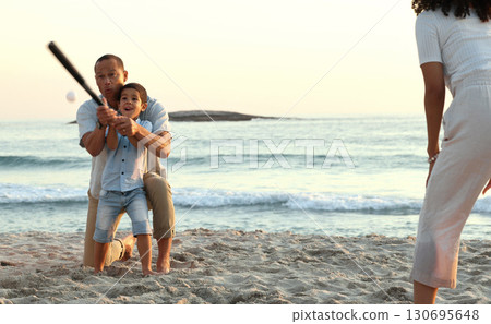 Family, baseball and boy play at beach, having fun and enjoying holiday together. Care, sunset and mother with happy grandfather playing sports with kid or child and bonding by ocean or seashore. Family, baseball and boy play at beach, having fun and enjoying holiday together. Care, sunset and mother with happy grandfather playing sports with kid or child and bonding by ocean or seashore. 130695648