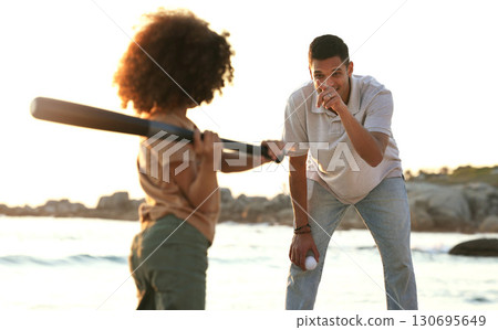 Baseball, father and girl play at beach, having fun and enjoying holiday together. Care, exercise and happy man pointing at kid or foster child while playing sports and bonding by seashore at sunset. 130695649
